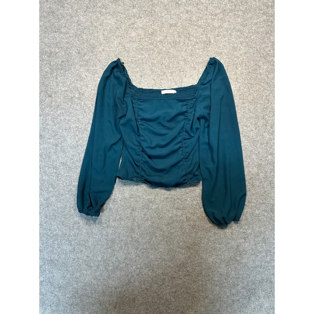 Lush Ruched Front Smocked Back Blouse Large Teal Long Sleeve Chiffon‎ Romantic